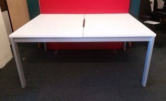 Used White 2 Person Bench Desk - Silver Legs