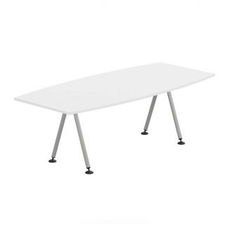 White Conference Table - Barrel Shaped - Silver A Frame Legs