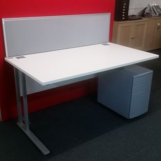 Used White Office Desk with Pedestal & Screen