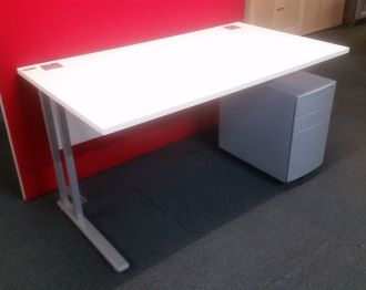 Used White Office Desk with Pedestal & Screen