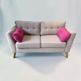 Second Hand Grey Fabric 2 Seater Sofa with Pink Cushions - Front