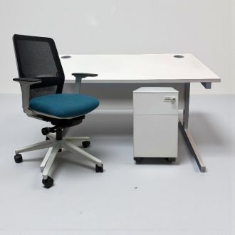 Used White Desk, Chair, & Pedestal Set