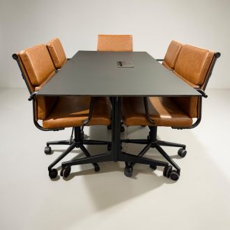 Used Meeting Table & Black Leather Chairs Set