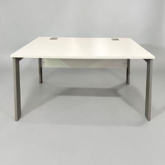 Used White Bench Desk - Silver Goal Post Legs - Front