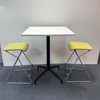 Used White Table & Green Fabric Stools Set