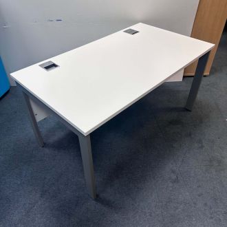 Used White Bench Desk - Silver Goal Post Legs