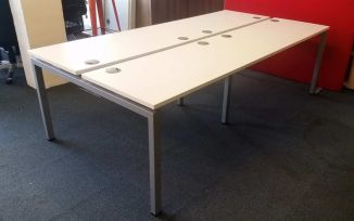 Used 4 Person White Bench Desk - Silver Goal Post Legs