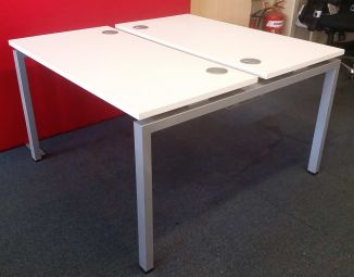 Used 4 Person White Bench Desk - Silver Goal Post Legs