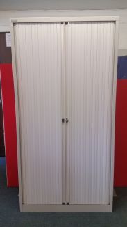Used Bisley Goose Grey Tambour Cupboard - Black Shelves