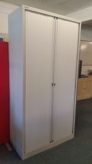 Used Bisley Goose Grey Tambour Cupboard - Light Grey Shelves