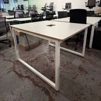 Used 2 Person White Bench Desk - Silver Goal Post Legs