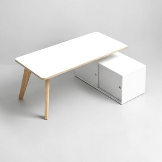 Second Hand White & Oak Executive Desk with Side Credenza - Main