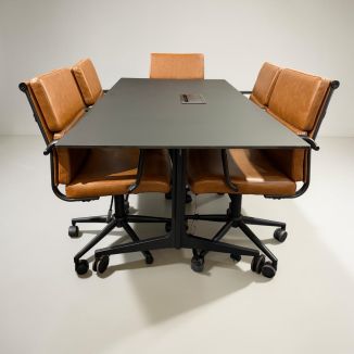 Used Meeting Table & Brown Leather Chairs Set