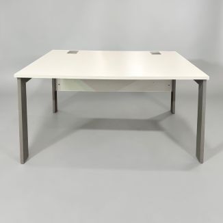 Used White Bench Desk - Silver Goal Post Legs - Front