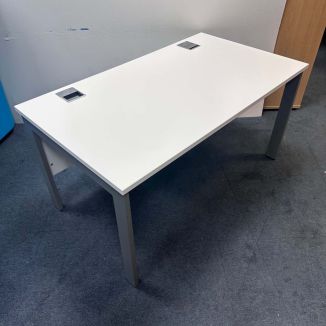 Used White Bench Desk - Silver Goal Post Legs