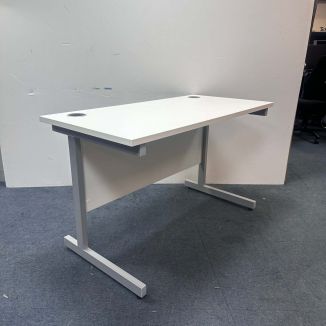 Used White Office Desk - Silver Cantilever Frame