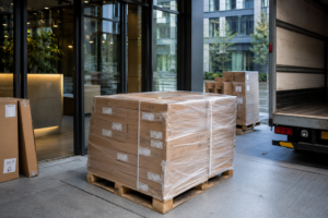 Flat-packed office furniture delivered on pallets outside a commercial building.