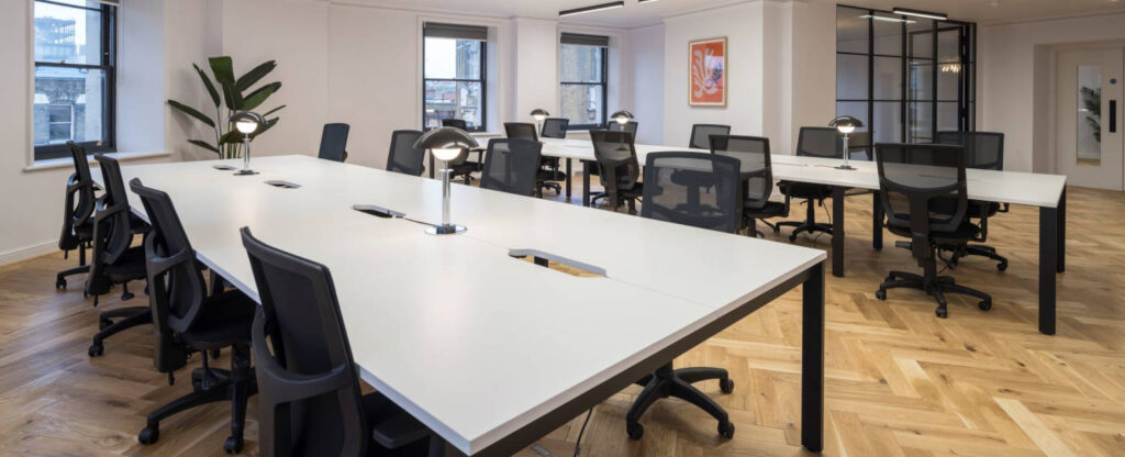 Newly installed office furniture ready for employees to use.
